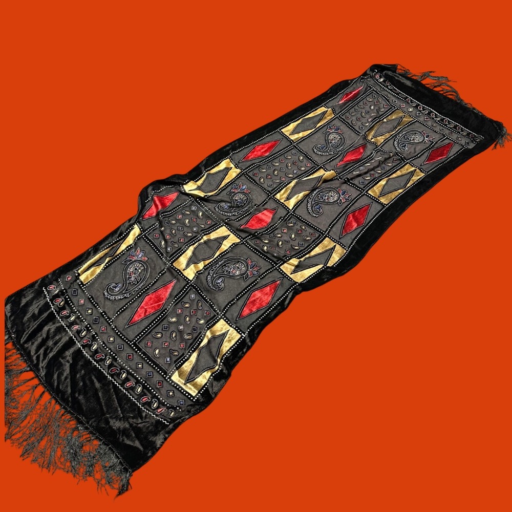 Vintage silk velvet scarf shawl fringe devore paisley harlequin goth eclectic